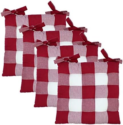 COTTON CRAFT Chair Cushion Pads - Set of 4 - Buffalo Gingham Check - Dining Kitchen Office Chair Seat Cushion with Ties - Durable Cotton Fabric Thick Comfy Poly Fill - Indoor Use - 17x17 in – Burgundy