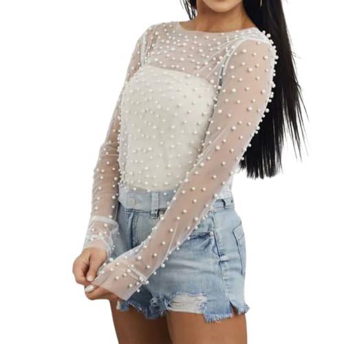 Naileksi Women Pearl Rhinestone Sheer Mesh Crop Top Sexy See Through Long Sleeve Slim Fit Cropped Blouse Shirt Clubwear