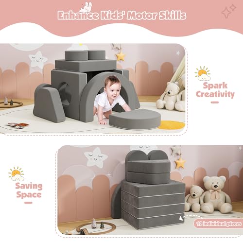 Image of HedoAjim 12 PCS Modular Kids Play Block Soft Child Couch Sofa Toddler Building Fortplay Climbing Bedroom Playroom Baby Convertible Floor Foam Cushion for Kids(Dark Gray-Double)