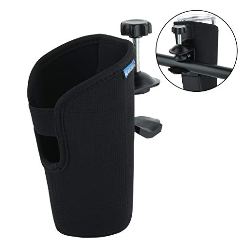 Bluecell World Black Color Neoprene Stroller Cup Holder, Universal Cup Holder, Collapsible Adjustable Bottle Holder for Stroller, Wheelchair, Walker, Trolleys, Shopping Cart (Large)