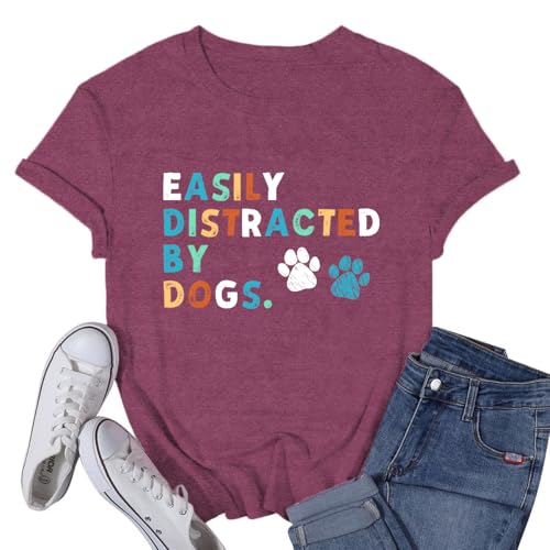 Womens Dog Shirts Easily Distracted by Dogs Tshirt Dog Mom Paw Pet Lover Tee Tops