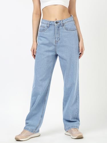 Image of Bewakoof Women's 100% Cotton Straight Fit Jeans | Jeans for Woman | Pants for Woman | Classic Denim Pants | Everyday Casual | Utility Streetwear | Lightweight & Flexible | Straight Pants for Women