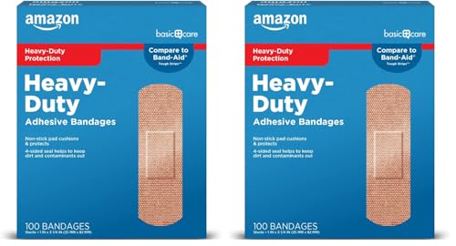 Image of Amazon Basic Care Heavy-Duty Flexible Fabric Adhesive Bandages, First Aid and Wound Care Supplies for Minor Cuts, Scrapes, Blisters, One Size, 100 Count (Pack of 2)