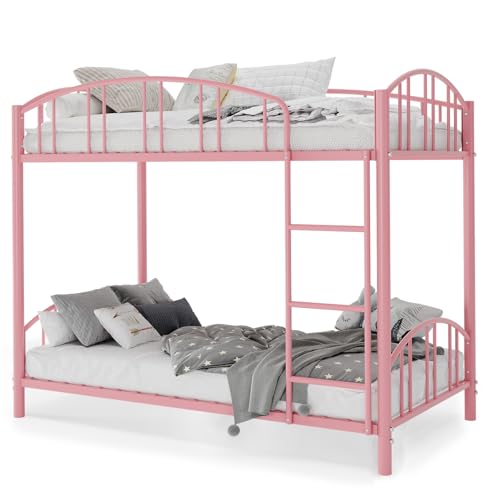 Bunk Bed Twin Over Twin with Stairs and Arched Guardrail, Sturdy Metal Slats Support, Space Saving, Noise Free, No Box Spring Needed, Ideal for Kid Room and Dorm, Pink