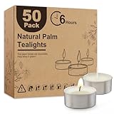 Ashlux Unscented Palm Tea Lights Candles 50 Pack Bulk, 6 to 7 Hours Long Burning White Tea Lights,Non-Paraffin, Smokeless, Mini Tealight Candles for Wedding, Christmas Lights, Party, Power Outages