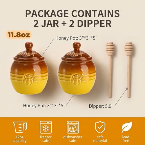 Hiceeden 2 Pack Ceramic Honey Pot with Dipper and Lid, 12 Oz Yellow Honey Jar Bee Embossed Honey Storage Container for Kitchen, Decoration, Coffee/Tea Bar