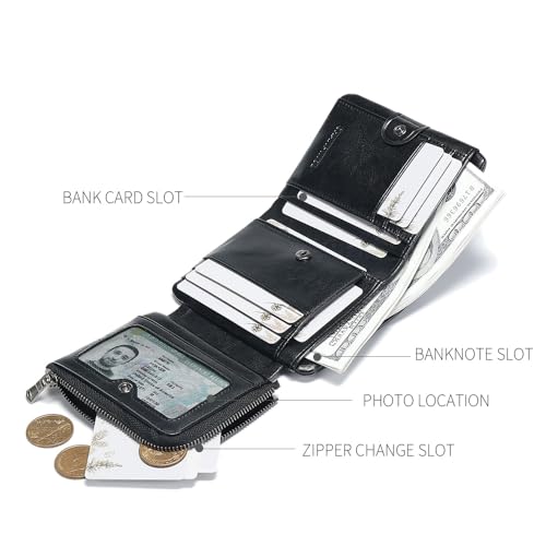 Men's Buckle zipper genuine leather wallet, large capacity 13card slots, Driver's license, multifunctional coin pocket (Vegetable tanned leather black)3