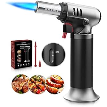 Tool Torch Butane Torch with Fuel Gauge,Homitt Refillable Cooking Torches with One-handed Operation &Safety Lock,Adjustable Flame,Fit All Butane Tanks Kitchen Culinary Butane Torch for Cooking,Baking,BBQ