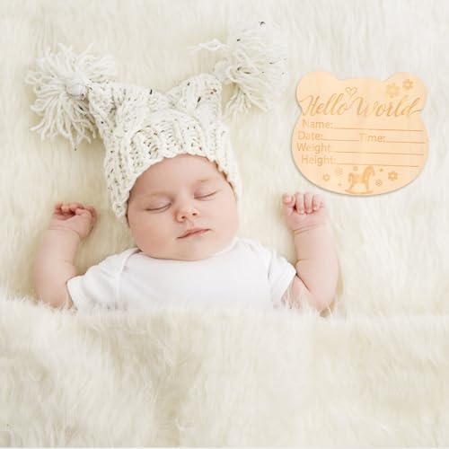 Image of Baby Announcement Sign, 5.91x5.35 Inch Wooden Hello World Newborn Sign Newborn Announcement Sign Birth Announcement Cards Baby Name Cards for Baby Gift (Style 2)