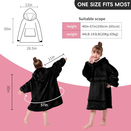 yescool Wearable Blanket Kids Hoodie, Birthday Teen Girls Gifts for 8-15 Year Old Kids Oversized Sweatshirt Sherpa Flannel Cozy Hooded Blanket with Pocket for Children, Youth Teens, One Size, Black