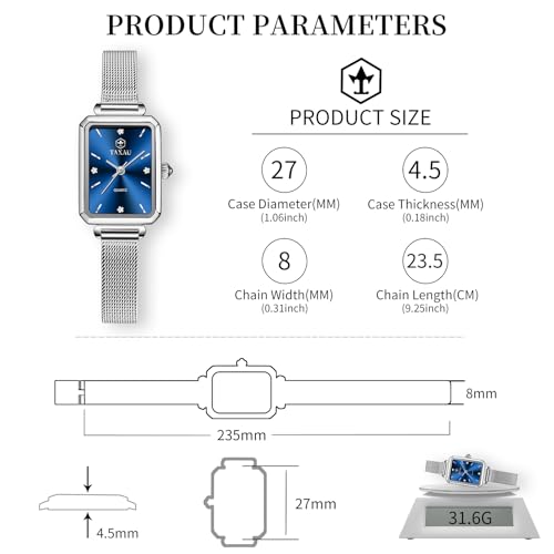 Taxau Watches for Women, Ladies Watches Small Silver Mesh Band Blue Face Dress Waterproof Analog Quartz Woman Watch Rectangular Small Face Luxury Fashion Relojes para Mujer — view 2