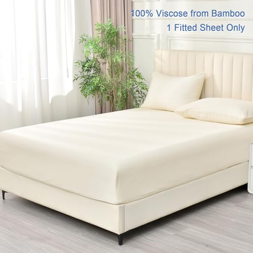 PHF 100% Rayon Derived from Bamboo Fitted Sheet King Size, 16" Deep Pocket,2.5cm Wider Strong Elastic Easy Fit, Breathable Silky Soft Skin-Friendly for Hot Sleeper,78"x 80",Natural,No Pillowcase