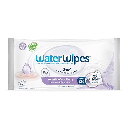 WaterWipes Sensitive+ Soothing Wipes, 3-In-1 Cleans, Cares, Soothes, 99% Water with Botanical Extract, Unscented & Hypoallergenic Baby Wipes, 60 Count (1 Pack)