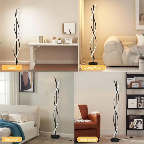 Image of Decor Chronicle Contemporary Floor Lamp, Black Finish with Spiral Rods, 3-Mode LED Light (Warm /Natural /Cool), Modern Standing Lamp for Bedroom, Living Room, or Corner Decor