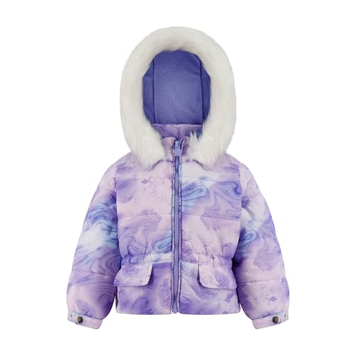 LONDON FOG Girls' Heavyweight Puffer Jacket with Faux Fur Hood and Fleece Lining, Pastel Blue Pink, 2T