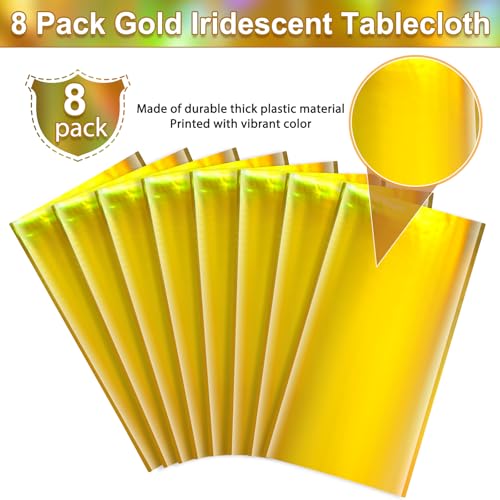 Image of 8 Pack Gold Iridescent Plastic Tablecloths Shiny Disposable Laser Rectangle Table Covers Holographic Foil Tablecloth Iridescent Party Decorations Birthday Bridal Wedding Christmas, 54 x 108 Inch
