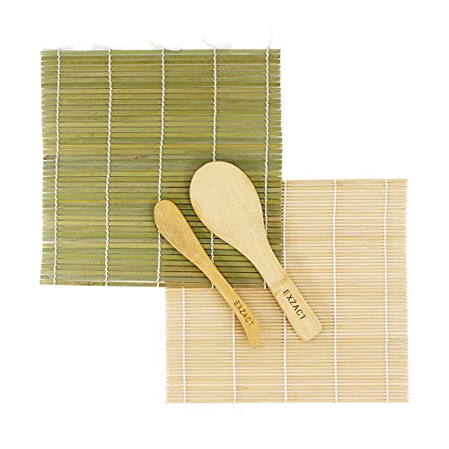 EXZACT Kit de bambú para enrollar sushi 4 piezas - 2 x esteras, 1 x paleta de arroz, 1 x esparcidor de arroz, Todo natural (EX-SR04) Cover