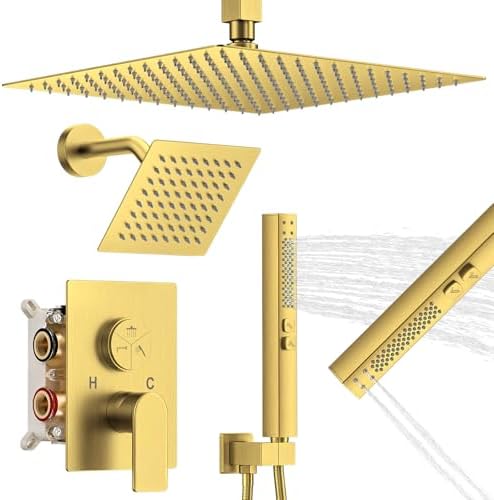 ZETETA Shower Faucet Set, 3-Setting Push Button Brushed Gold Shower System, 12 Inch Ceiling Mounted Shower Head, 6 Inch Wall Mounted Rain Shower Head with 2 in 1 Handheld Spray, Shower Valve Trim Kit