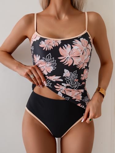 Image of Eomenie Women's Tankini Swimsuits Two Piece Tummy Control Bathing Suit Color Block Slim Swimwear with High Waisted Bottom