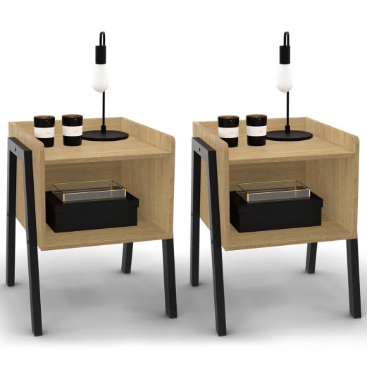 IDMarket DALAT - Juego de 2 mesitas de noche (1 nicho de madera y patas metálicas, diseño industrial, color negro