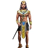 XIAOLIBETTER Men's Egypt Costumes Set Ancient Egyptian King Pharaoh Costume Halloween Roleplay Outfit with Scepter (Gold)