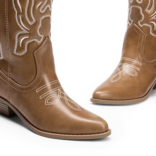 Dream Pairs Women'S Cowboy Boots Mid Calf Cowgirl Boots Embroidery Stitched Western Boots,Size 8,Light Brown-Pu,Dwummb2419 thumb #3