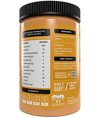 Image of Nutrio 100% Natural Peanut Butter Unsweetened 500gm (Crunchy) || Made with 100% Roasted Peanuts | No Added Sugar | No Added Salt | No Added Oils | Zero Cholesterol | Vegan (500gm) (Improved)