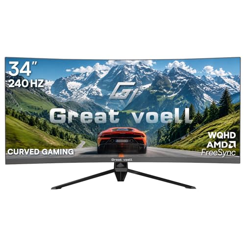 Image of Great voell 34 Inch Curved Gaming Monitor, 240Hz 1ms Display, 1500R 21:9 WQHD VA Screen, G-Sync & FreeSync, HDR, PIP /PBP, DP1.4 & HDMI 2.0, Tilt Adjustable, VESA, DP Cable Included, Pro Gaming