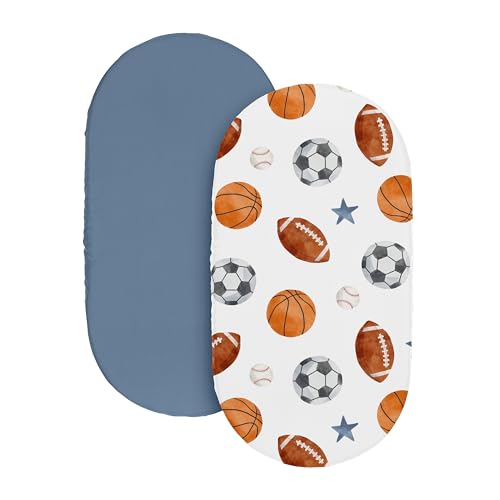 Image of Sweet Jojo Designs 2-Piece Baby Bassinet Sheets Set (Vintage Sports Theme) for Boys, Infant Newborn Nursery, Oval, Rectangle & Hourglass Mattress (Sport Themed, Soccer, Football, Baseball, Basketball)