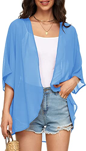 Image of Indian Trendy Women's Solid Puff Sleeve Kimono Cardigan Loose Cover Up Casual Blouse Top Chiffon