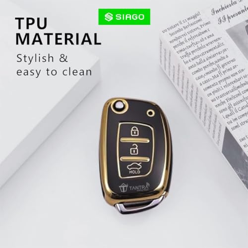 Image of SIAGO SIA361 TPU Key Cover and Metal Keychain Compatible for Hyundai i 20, Xcent,Verna Flude 3 Button Flip Smart Key Cover (Black Pack of 1)
