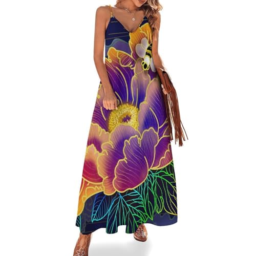 Robe longue pour femme ete sans manches imprimé floral motif pivoine coupe maxi droite