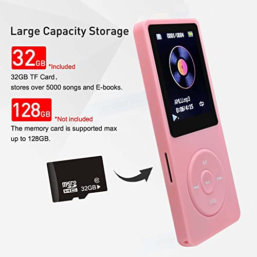 MP3 Player 32GB with Speaker Earphones Portable Music Player for Kids Support FM Radio Voice Recorder E-Book Support up to 128GB Pink