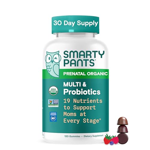 SmartyPants Organic Prenatal Vitamins for Women, Multivitamin Gummies: Probiotics, Biotin, Methylfolate, Omega 3 (ALA), Vitamin D3, C, Vitamin B12, B6, A, K2 & Zinc, Choline, 120 Count (30 Day Supply)