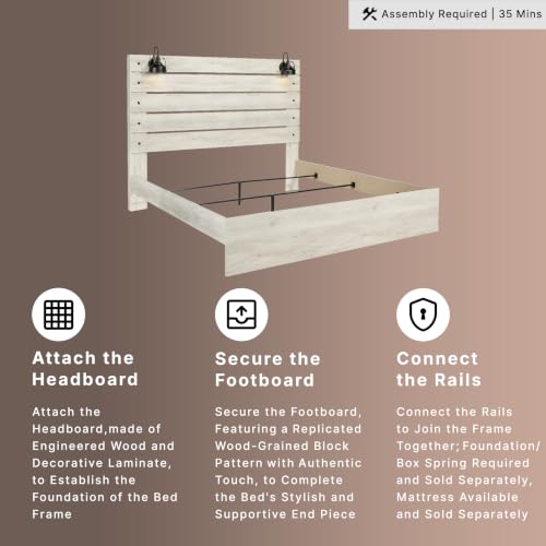 Image of Signature Design by Ashley Cambeck King Panel Bed, Built-in Lights and USB Ports, Rustic Farmhouse Design, King Size Bed Frame with Headboard, Whitewash