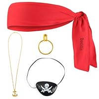 Beelittle Conjunto de acessórios de fantasia de capitão pirata, faixa de cabeça vermelha, pingente de olho de caveira de pirata, colar de brincos de ouro, Vermelho 1, Tamanho �nico