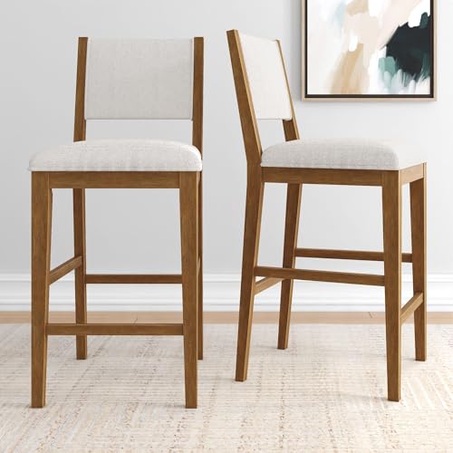 Plank+Beam Sereno Bar Stool, 30', Set of 2, Sturdy Wood Modern Kitchen Bar Height Stool, Upholstered Cushion Bar Chair with Back, Pecan/Ivory