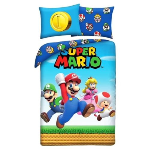 Super Mario Parure de Lit Enfant - Housse de Couette Réversible 140x200 cm - 100% Polyester Ultra Doux - Certifié Oeko-Tex Standard 100 - Motif Mario Luigi...