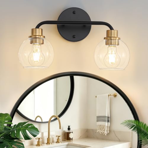 Image of 2 Light Bathroom Vanity Light Black and Gold Bathroom Light Fixtures | with Clear Glass Shade Modern Wall Sconces Lighting Bath Wall Lights Lamp for Mirror Kitchen Living Room Bedroom Hallway