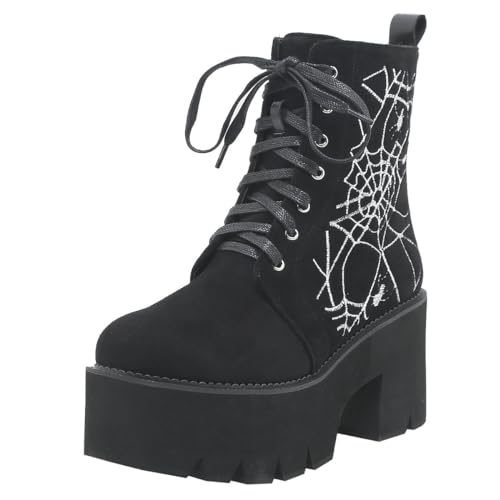 Image of Parisuit Womens Goth Patent Ankle Boots Platform Chunky Combat Boots | Lace Up, Gothic Boots, High Heel, Punk Short Booties, Buckle Boots, Chain Boots