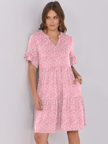 Image of ANRABESS Women's Summer Casual Dress, V-Neck Ruffle Sleeve Tiered Mini Dress, Soft Comfy Fabric with Pockets for All-Day Wear