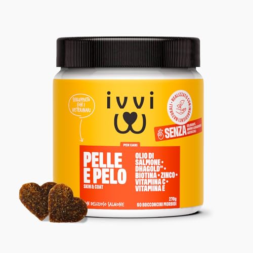 ivvi - Skin & Coat - Integratore alimentare per cani, anti-morso, pelliccia morbida e lucida - Omega 3, olio di salmone, DHAgold, vitamine C, E e zinco - 60 chicche di salmone