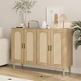 Rattan Buffet Cabinet with Storage, 4-Door Sideboard with Power Outlet & Adjustable Shelves,Coffee Bar Console Table for Kitchen, Dining Room