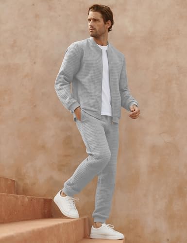 UOUA Men's Tracksuit 2 Piece Sets Casual Sweatsuit with Full Zip Athletic Jogging Suits Waffle Plaid Jacquard Outfits4