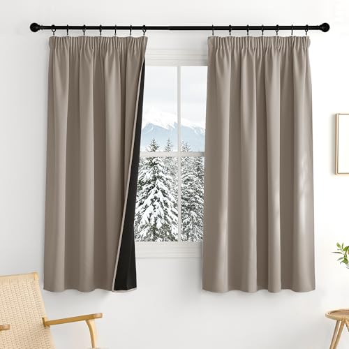 PONY DANCE Cortinas Dormitorio Cortas 2 Piezas,Cortinas 100% Opacas Termicas Aislantes, Curtains Blackout con Ganchos para Riel de Cocina Comedor,140x160cm,Arena