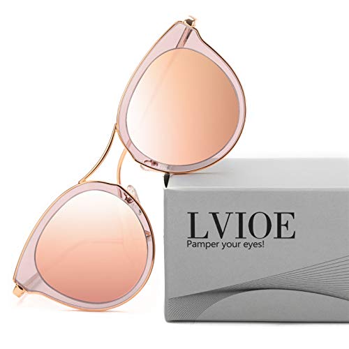 Preisvergleich Produktbild LVIOE Klassisch Retro Katzenauge Damen Polarisiert Sonnenbrille UV400-Schutz Mode Verspiegelt Brillen (Gold / Rosa)