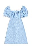 Verdusa Girl's Floral Print Puff Sleeve Square Neck Short A Line Dress Light Blue 8Y