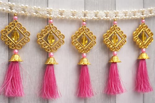 Image of Handcrafted Pearl Beaded Door Toran with Pink Tassels | 3 Feet Decorative Bandhanwar for Main Door, Mandir & Wedding Decor | Traditional Hanging for Diwali & Griha Pravesh