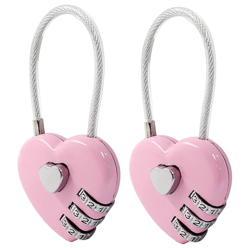 Coufce 2 Pcs Heart Digit Combination Lock Pink Heart Padlock Mini Code Lock Outdoor Waterproof Padlock Wire Rope for Jewelry Storage Box, Diary Book, Luggage, Hall Locker