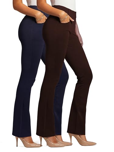 Conceited 2-Pack Stretch Slacks for Women - Wear to Work - Bootcut Dress Pants with Pockets - Navy, Brown - (X-Large)
